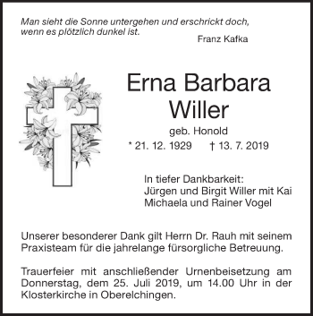 Traueranzeige von Erna Barbara von SÜDWEST PRESSE Ausgabe Ulm/Neu-Ulm