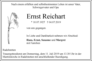 Traueranzeige von Ernst Reichart von SÜDWEST PRESSE Ausgabe Ulm/Neu-Ulm