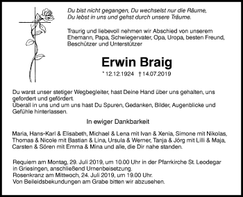 Traueranzeige von Erwin Braig von Ehinger Tagblatt