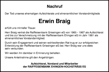 Traueranzeige von Erwin Braig von Ehinger Tagblatt