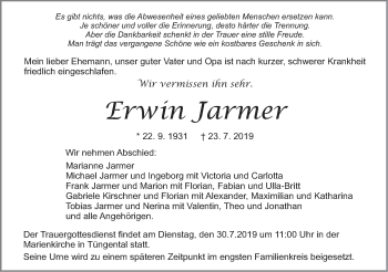 Traueranzeige von Erwin Jarmer von Haller Tagblatt