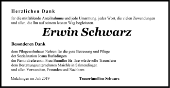 Traueranzeige von Erwin Schwarz von Hohenzollerische Zeitung