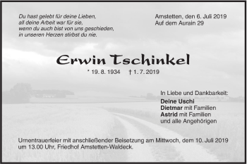 Traueranzeige von Erwin Tschinkel von Geislinger Zeitung