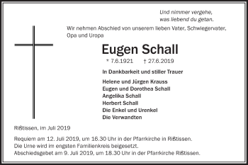 Traueranzeige von Eugen Schall von Ehinger Tagblatt