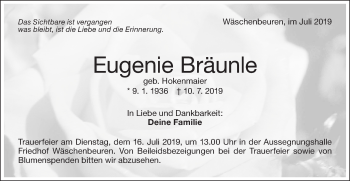 Traueranzeige von Eugenie Bräunle von NWZ Neue Württembergische Zeitung