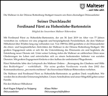 Traueranzeige von Ferdinand Fürst zu Hohenlohe-Bartenstein von Hohenloher Tagblatt