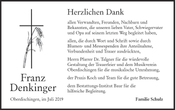 Traueranzeige von Franz Denkinger von Ehinger Tagblatt