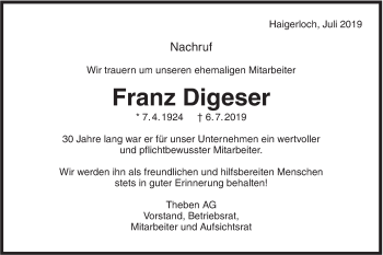 Traueranzeige von Franz Digeser von Hohenzollerische Zeitung