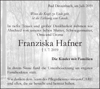 Traueranzeige von Franziska Hafner von Geislinger Zeitung