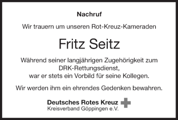 Traueranzeige von Fritz Seitz von NWZ Neue Württembergische Zeitung/Geislinger Zeitung