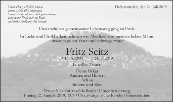 Traueranzeige von Fritz Seitz von NWZ Neue Württembergische Zeitung