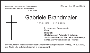 Traueranzeige von Gabriele Brandmaier von NWZ Neue Württembergische Zeitung