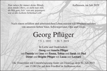 Traueranzeige von Georg Pflüger von Geislinger Zeitung