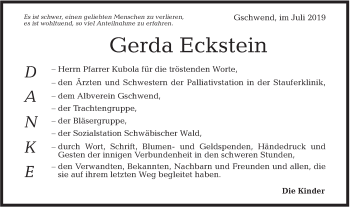 Traueranzeige von Gerda Eckstein von Rundschau Gaildorf