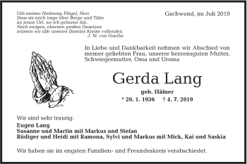 Traueranzeige von Gerda Lang von Rundschau Gaildorf