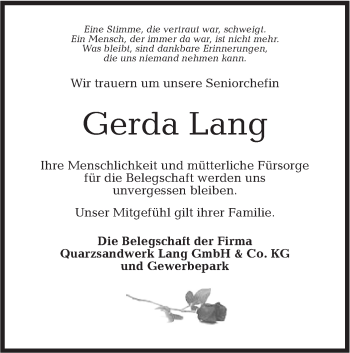 Traueranzeige von Gerda Lang von Rundschau Gaildorf