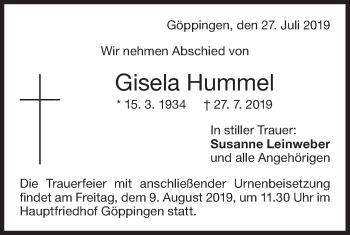 Traueranzeige von Gisela Hummel von NWZ Neue Württembergische Zeitung