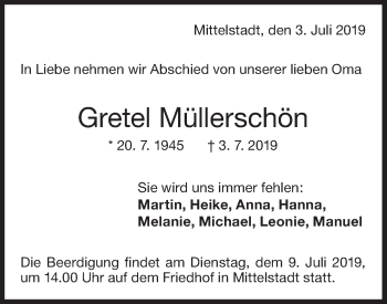 Traueranzeige von Gretel Müllerschön von Alb-Bote/Metzinger-Uracher Volksblatt