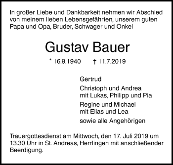 Traueranzeige von Gustav Bauer von SÜDWEST PRESSE Ausgabe Ulm/Neu-Ulm