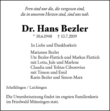 Traueranzeige von Hans Bezler von SÜDWEST PRESSE Ausgabe Ulm/Neu-Ulm