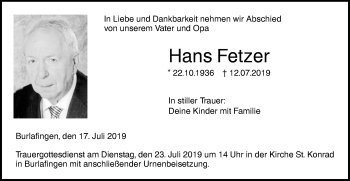 Traueranzeige von Hans Fetzer von SÜDWEST PRESSE Ausgabe Ulm/Neu-Ulm