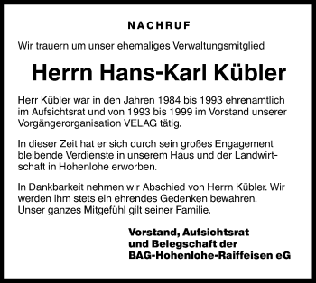 Traueranzeige von Hans-Karl Kübler von Haller Tagblatt