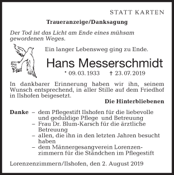 Traueranzeige von Hans Messerschmidt von Haller Tagblatt