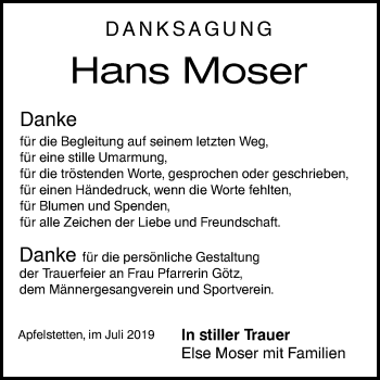 Traueranzeige von Hans Moser von Alb-Bote/Metzinger-Uracher Volksblatt