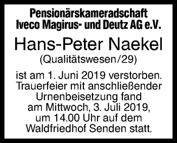 Traueranzeige von Hans-Peter Naekel von SÜDWEST PRESSE Ausgabe Ulm/Neu-Ulm