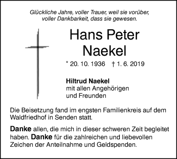 Traueranzeige von Hans Peter Naekel von SÜDWEST PRESSE Ausgabe Ulm/Neu-Ulm