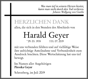 Traueranzeige von Harald Geyer von Hohenloher Tagblatt