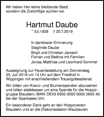 Traueranzeige von Hartmut Daube von SÜDWEST PRESSE Ausgabe Ulm/Neu-Ulm