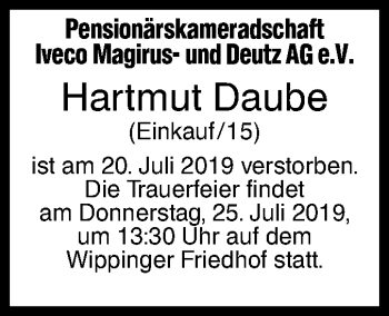 Traueranzeige von Hartmut Daube von SÜDWEST PRESSE Ausgabe Ulm/Neu-Ulm