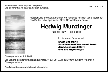 Traueranzeige von Hedwig Munzinger von Hohenloher Tagblatt