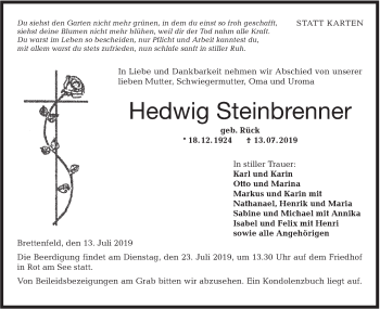 Traueranzeige von Hedwig Steinbrenner von Hohenloher Tagblatt