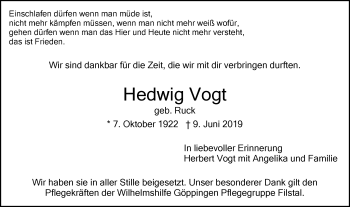 Traueranzeige von Hedwig Vogt von NWZ Neue Württembergische Zeitung