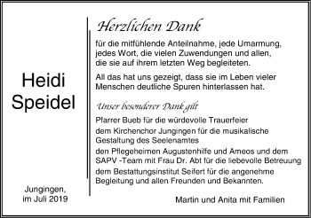 Traueranzeige von Heidi Speidel von Hohenzollerische Zeitung