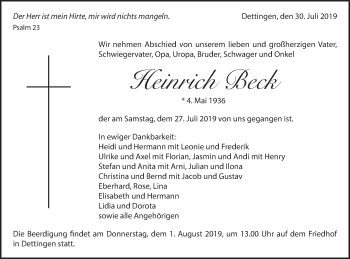 Traueranzeige von Heinrich Beck von Metzinger-Uracher Volksblatt