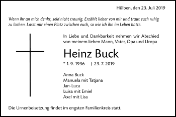 Traueranzeige von Heinz Buck von Alb-Bote/Metzinger-Uracher Volksblatt