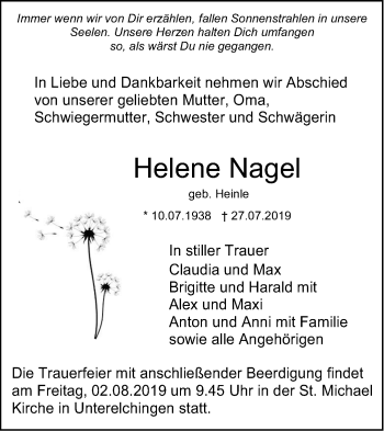 Traueranzeige von Helene Nagel von SÜDWEST PRESSE Ausgabe Ulm/Neu-Ulm