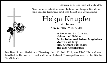 Traueranzeige von Helga Knupfer von Rundschau Gaildorf