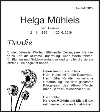 Traueranzeige von Helga Mühleis von NWZ Neue Württembergische Zeitung