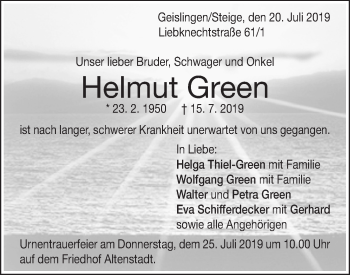 Traueranzeige von Helmut Green von Geislinger Zeitung