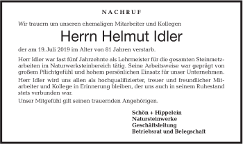 Traueranzeige von Helmut Idler von Hohenloher Tagblatt