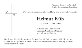 Traueranzeige von Helmut Rüb von SÜDWEST PRESSE Ausgabe Ulm/Neu-Ulm