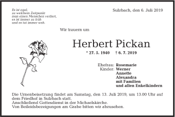 Traueranzeige von Herbert Pickan von Rundschau Gaildorf