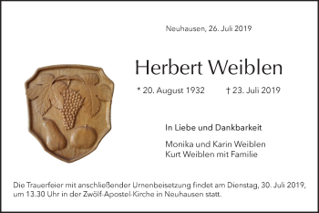 Traueranzeige von Herbert Weiblen von Metzinger-Uracher Volksblatt