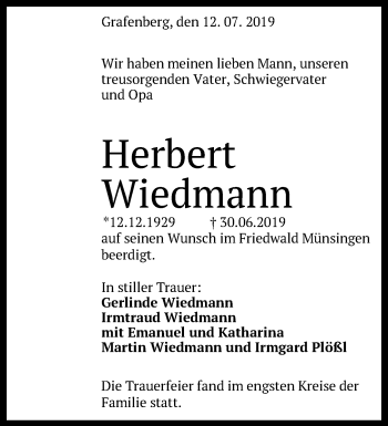 Traueranzeige von Herbert Wiedmann von Metzinger-Uracher Volksblatt