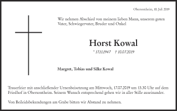 Traueranzeige von Horst Kowal von Haller Tagblatt