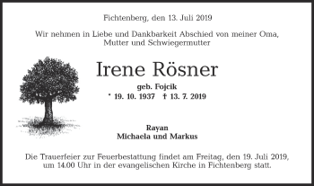 Traueranzeige von Irene Rösner von Rundschau Gaildorf